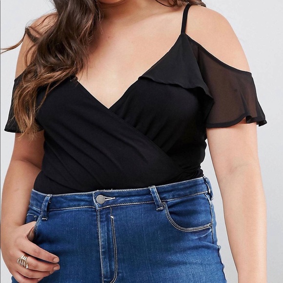 ASOS Curve Tops - Cami Body Suit with Contrast Woven Ruffle Shoulder